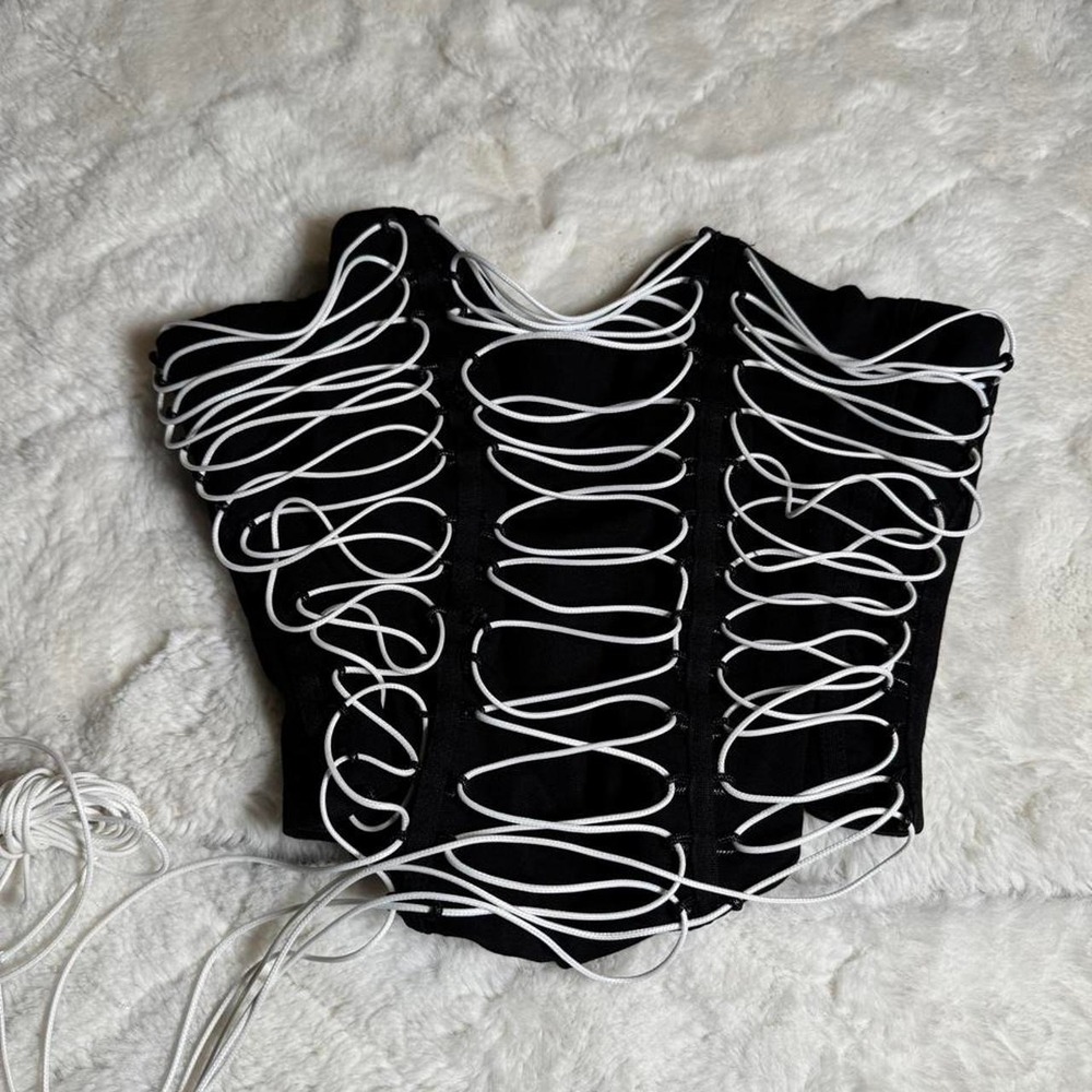 Fashion Nova Womens Black Corset Top White Lacing Sweetheart XS